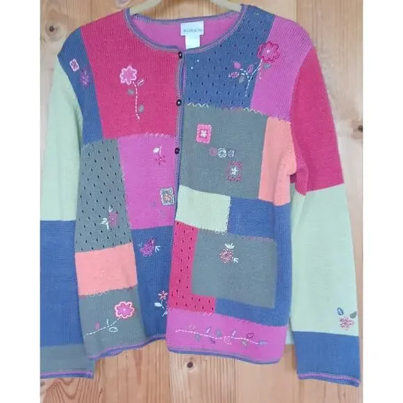Vintage Koret Patchwork Cardigan Floral Embroidered Size Medium Cotton Blend - Picture 3 of 7